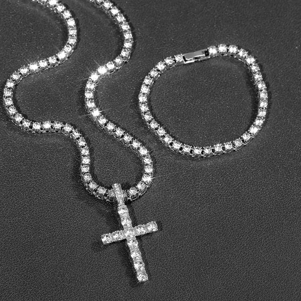 Collar Unisex con Colgante de Cruz de Strass Estilo Hip Hop, Cadena 4mm
