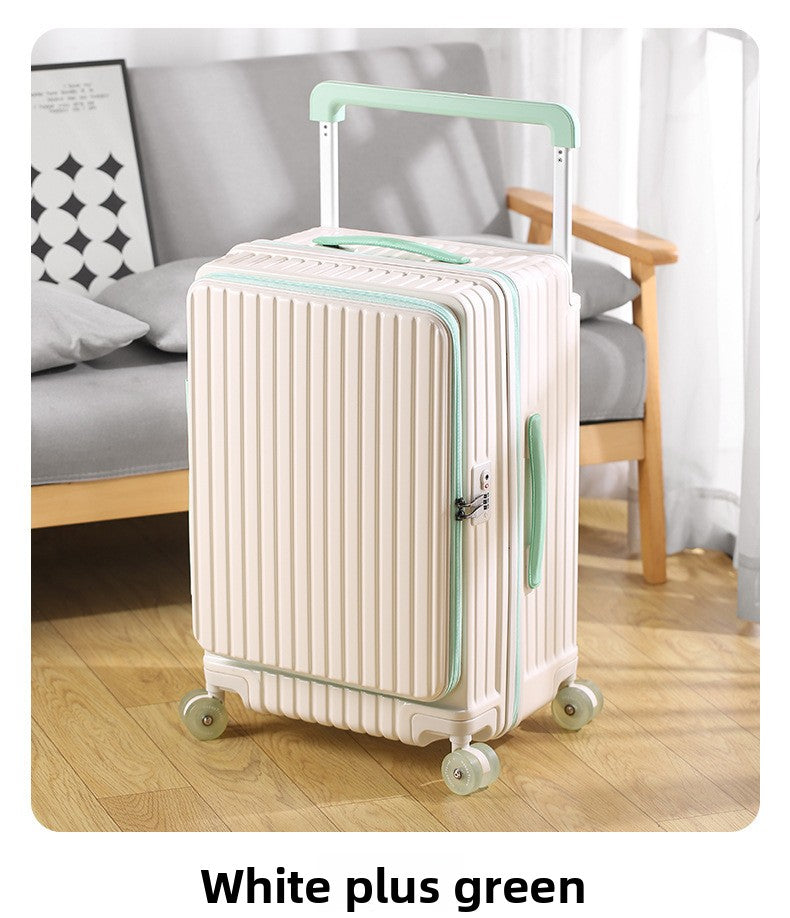 Side-opening suitcase with a wide handle