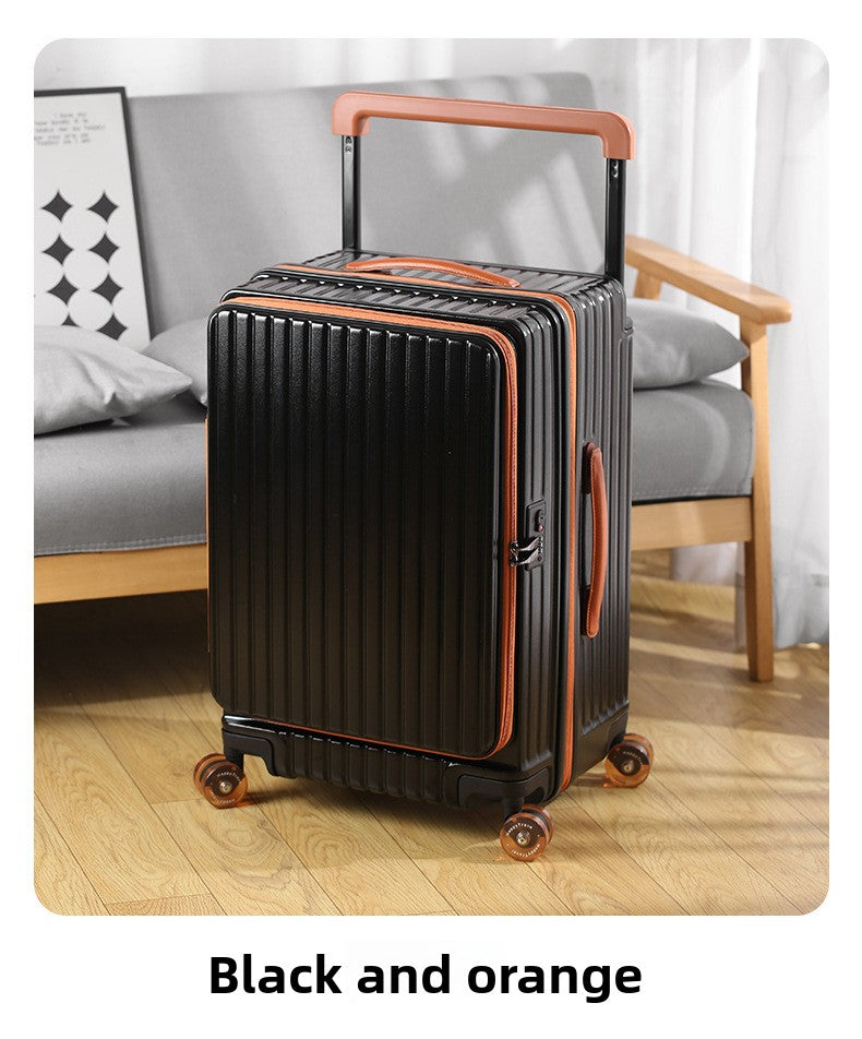 Side-opening suitcase with a wide handle