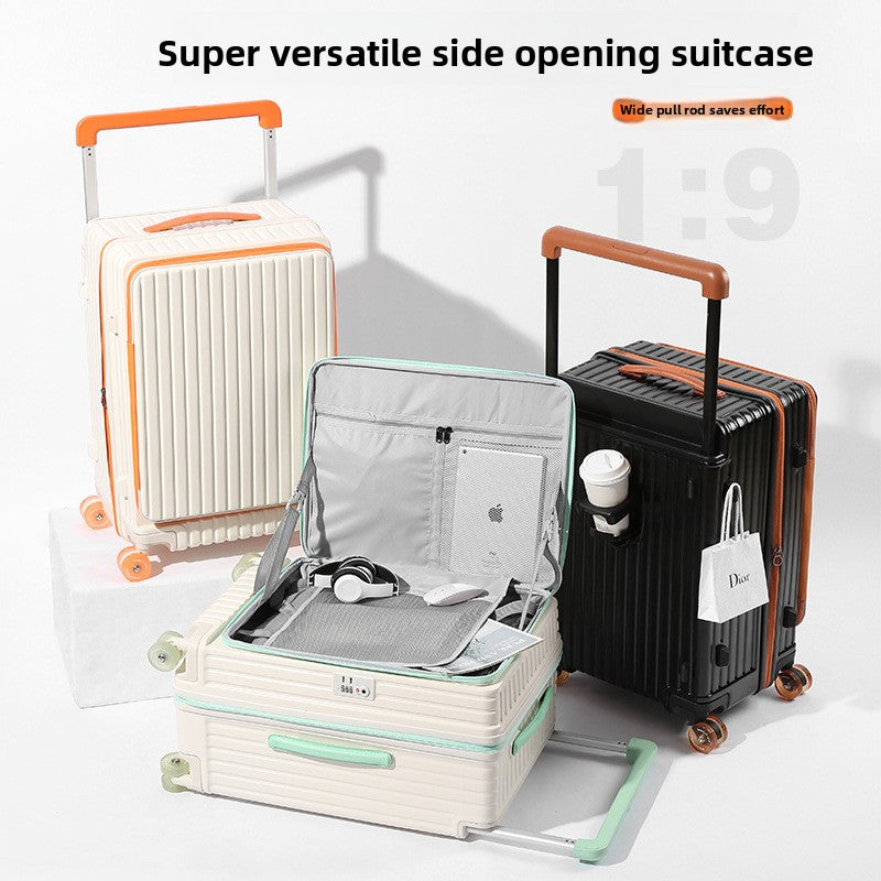 Side-opening suitcase with a wide handle