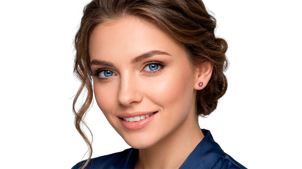 Pendientes Rosetón Flor en Oro de 18 Kl con Circonitas y Piedras Rojas