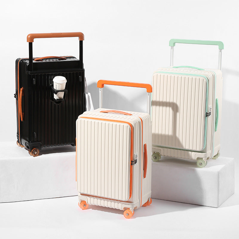 Side-opening suitcase with a wide handle