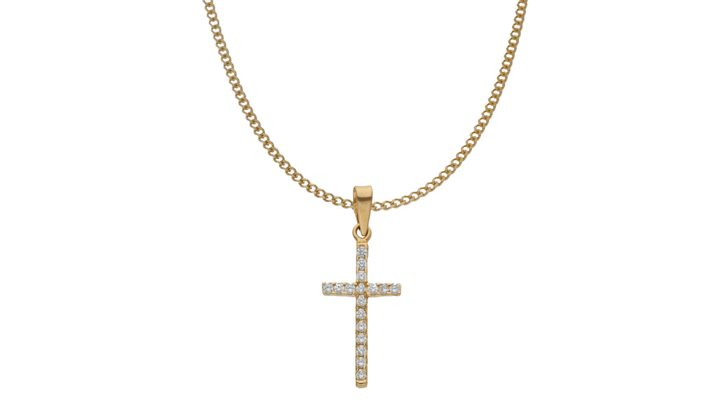 Collar Cruz de Oro 18K con Circonitas y Cadena Barbada Maciza