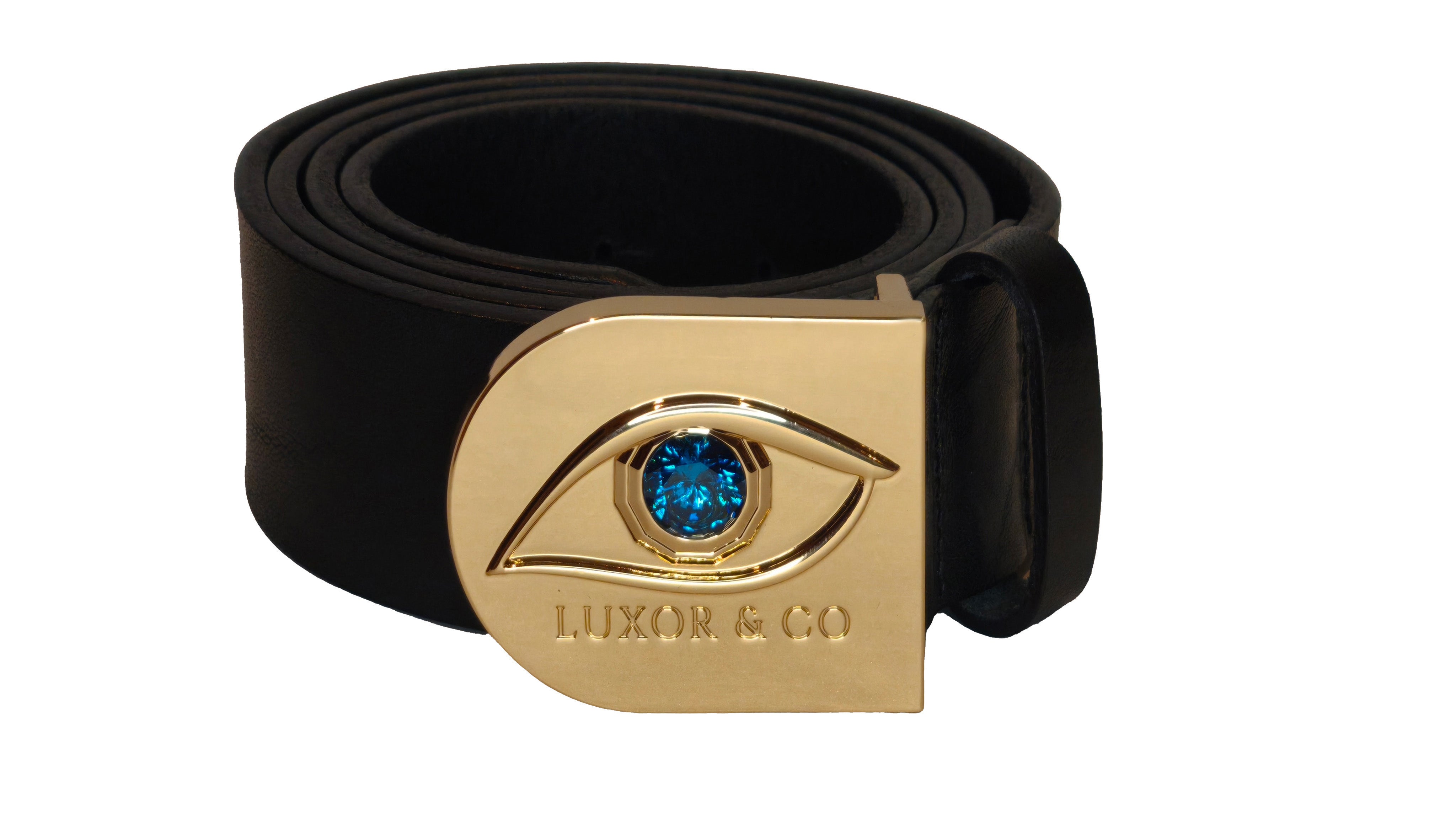 Cinturón de Piel Ojo de Ra | Cuero Negro 4cm, vista de detalle en plano – LUXOR&CO