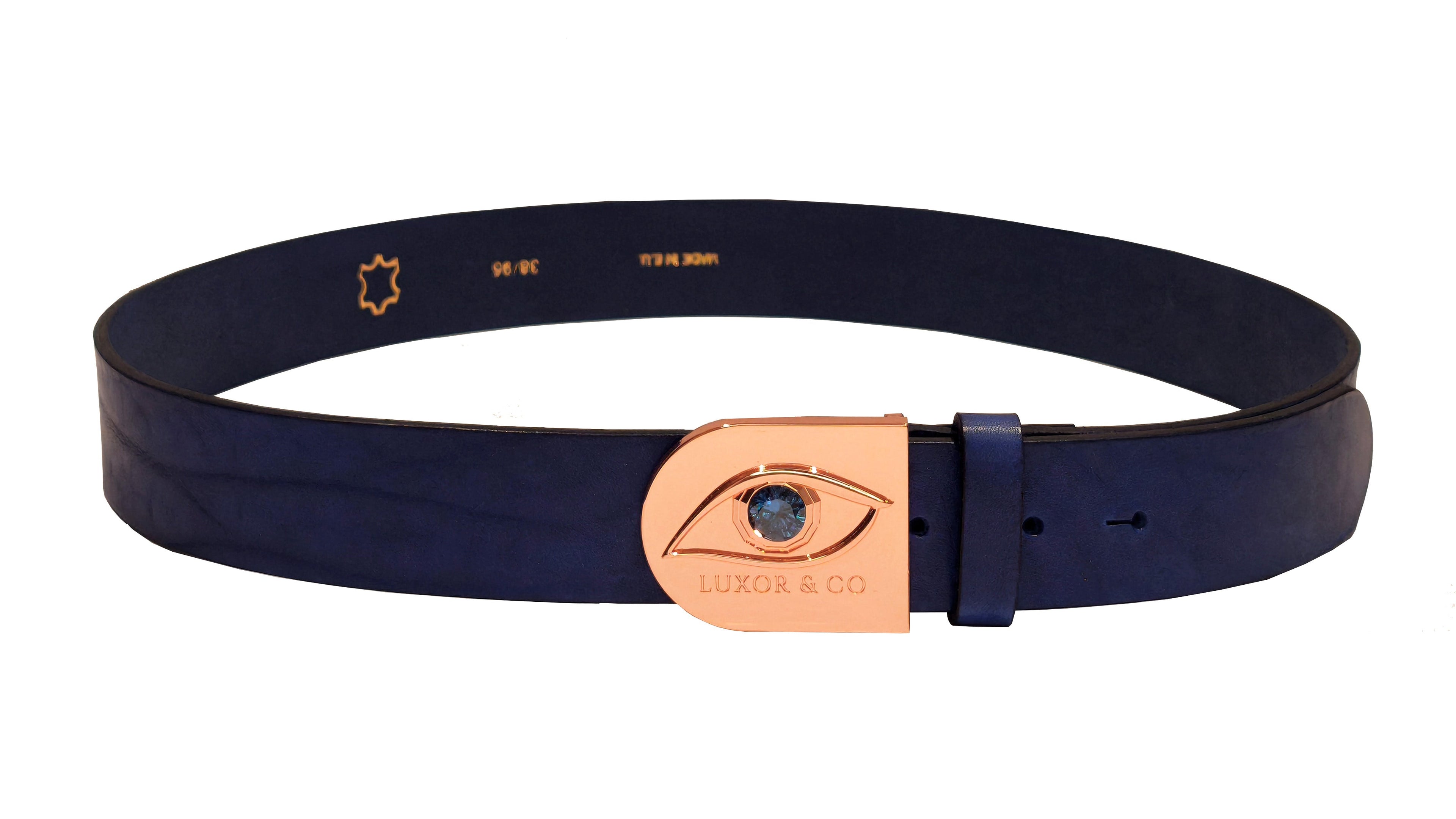 Cinturón de Piel Ojo de Ra - Cuero Azul, hebilla Oro Rosa – LUXOR&CO