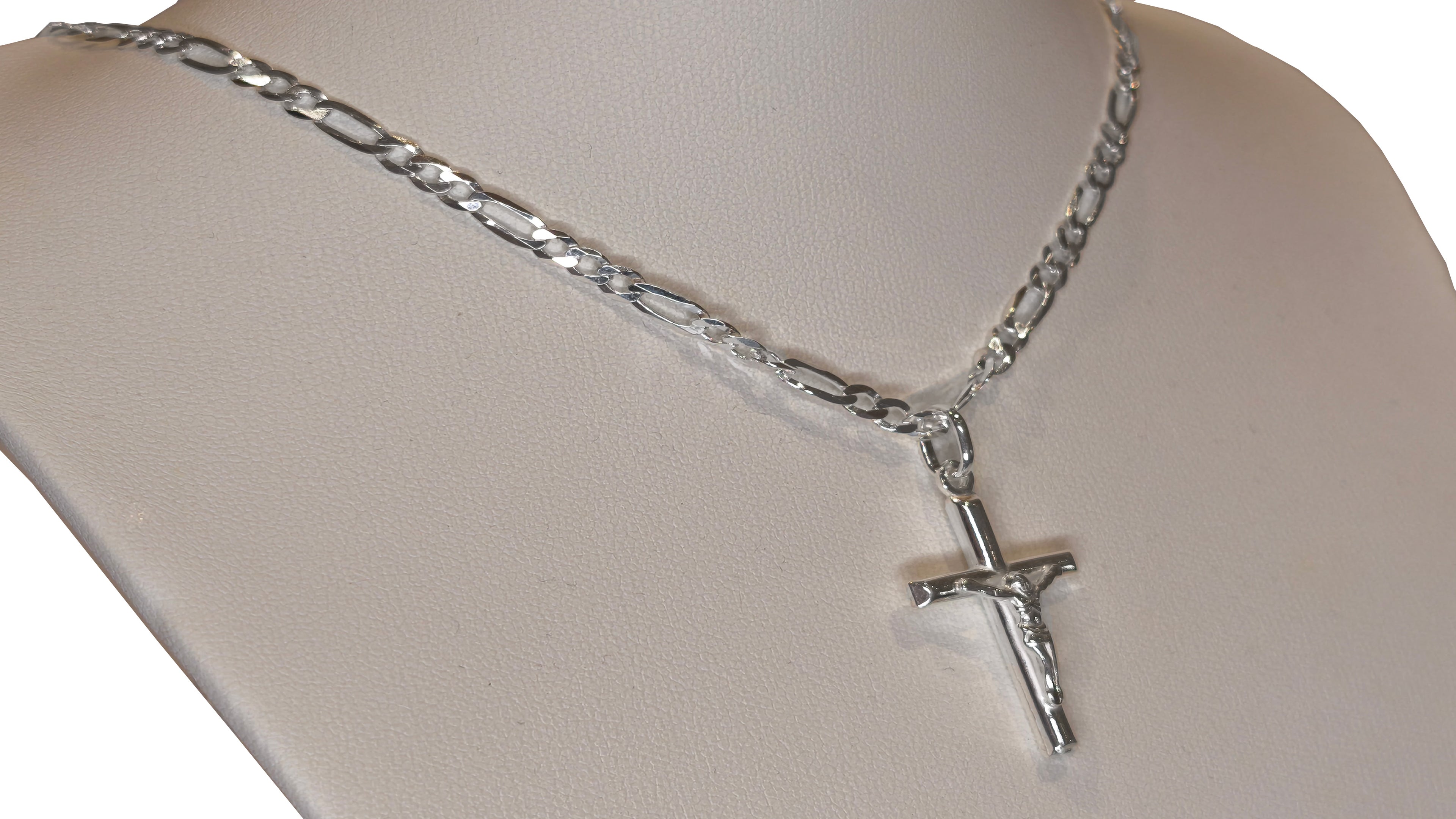 Conjunto de Cadena Fígaro y Cruz con Cristo en Plata de Ley 925