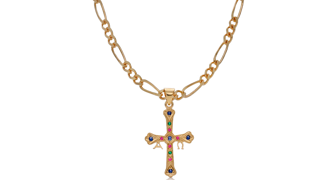 Conjunto de Oro de 18 Kl: Cadena 3mm (50/60 cm) y Cruz Asturiana con Piedras