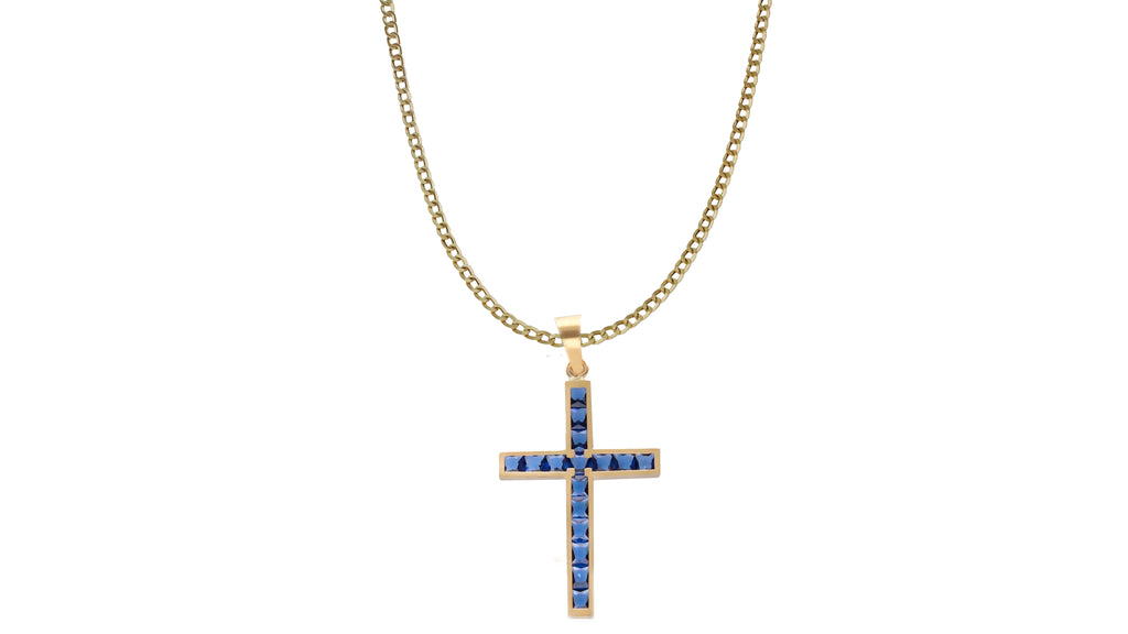 Collar Cruz de Oro 18 Kl con Piedras Azules y Cadena Barbada Hueca