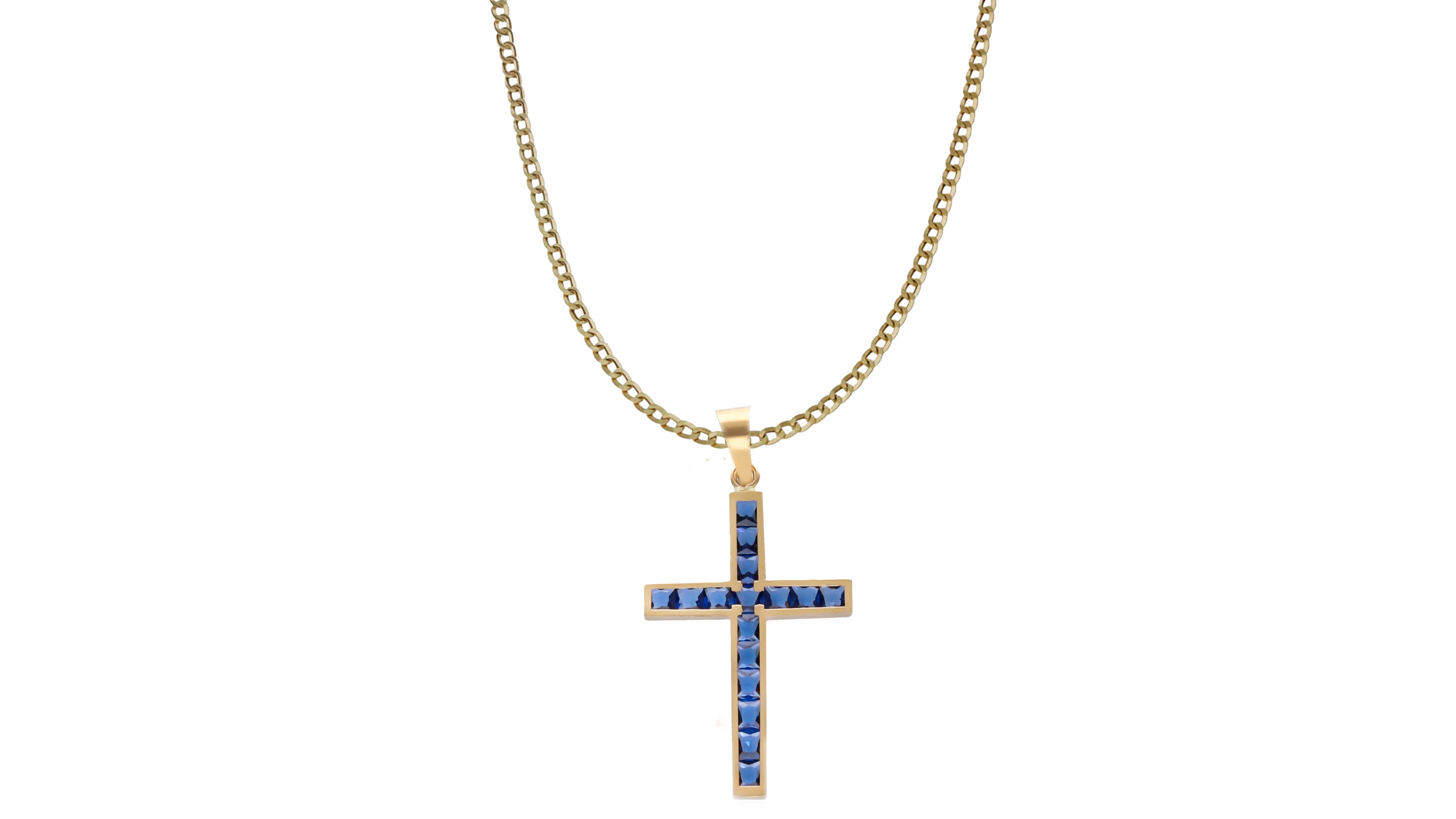 Collar Cruz de Oro 18 Kl con Piedras Azules y Cadena Barbada Hueca