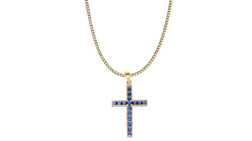 Collar Cruz de Oro 18 Kl con Piedras Azules y Cadena Barbada Hueca – LUXOR&CO, joyería de lujo
