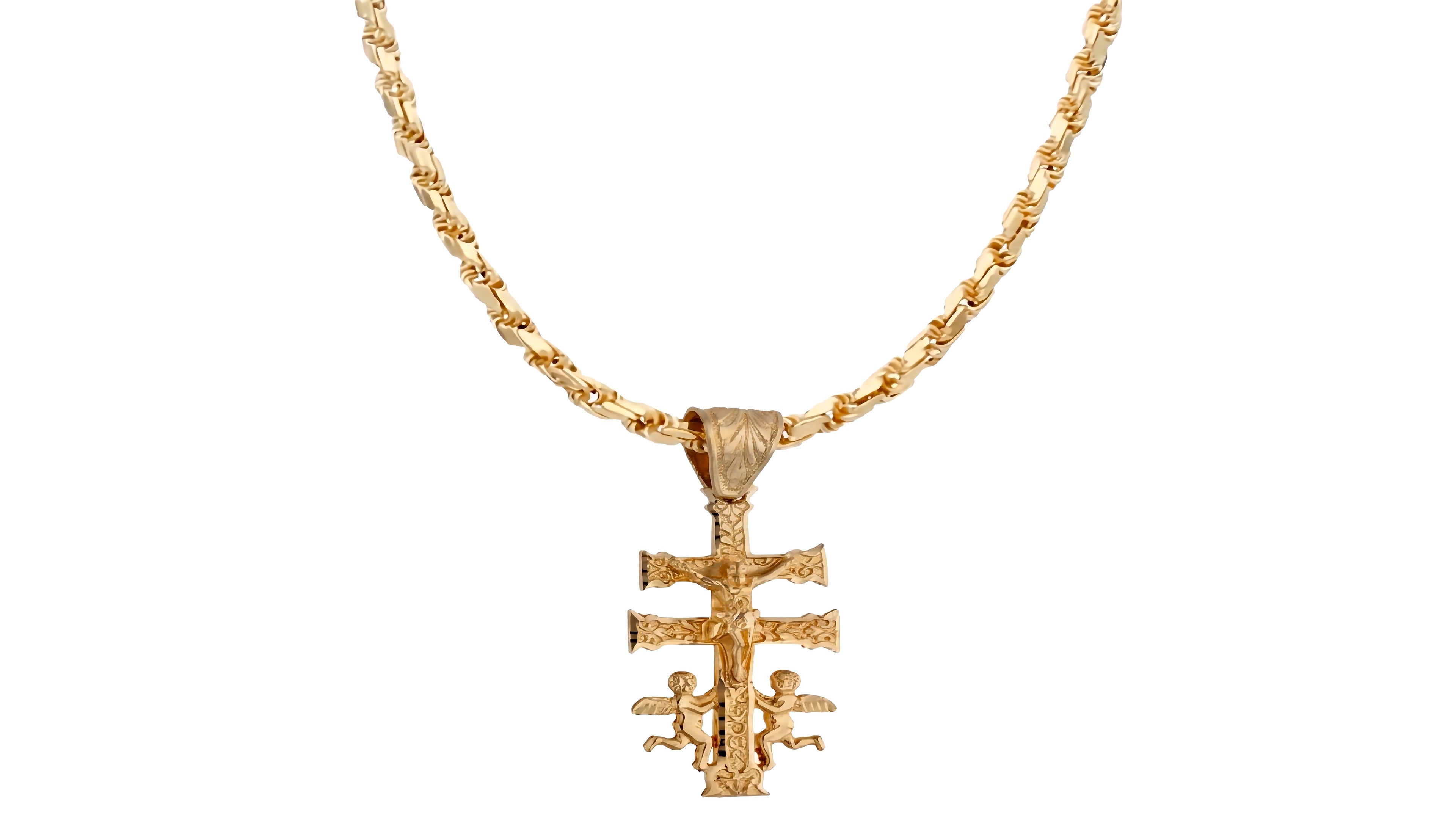 Conjunto Cruz de Caravaca y Cordón Salomónico en Oro de 18 Kl.