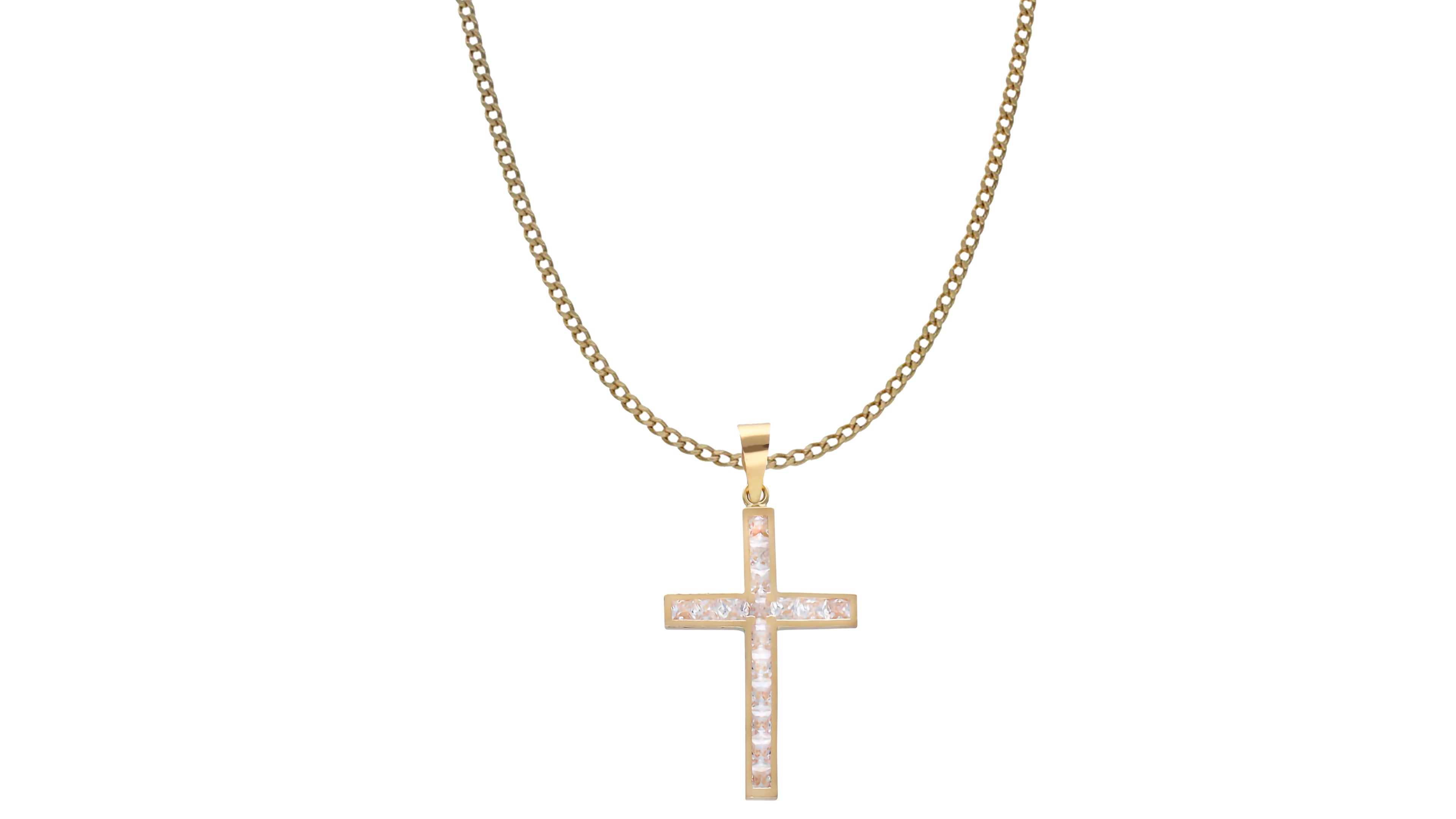 Cruz de Circonitas en Oro 18K con Cadena Barbada