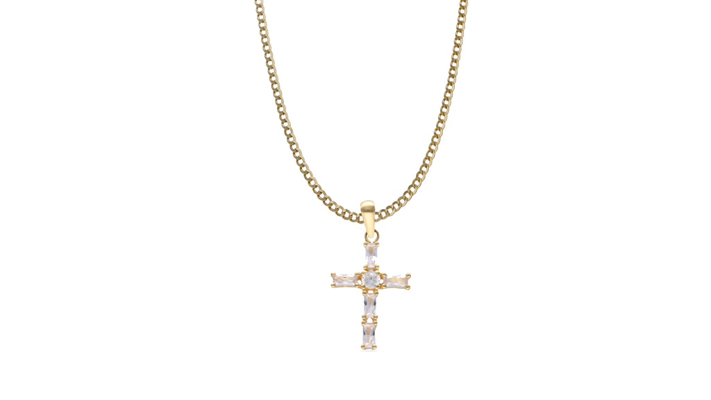 Cruz con Circonitas en Oro de 18 Kt y Cadena Barbada