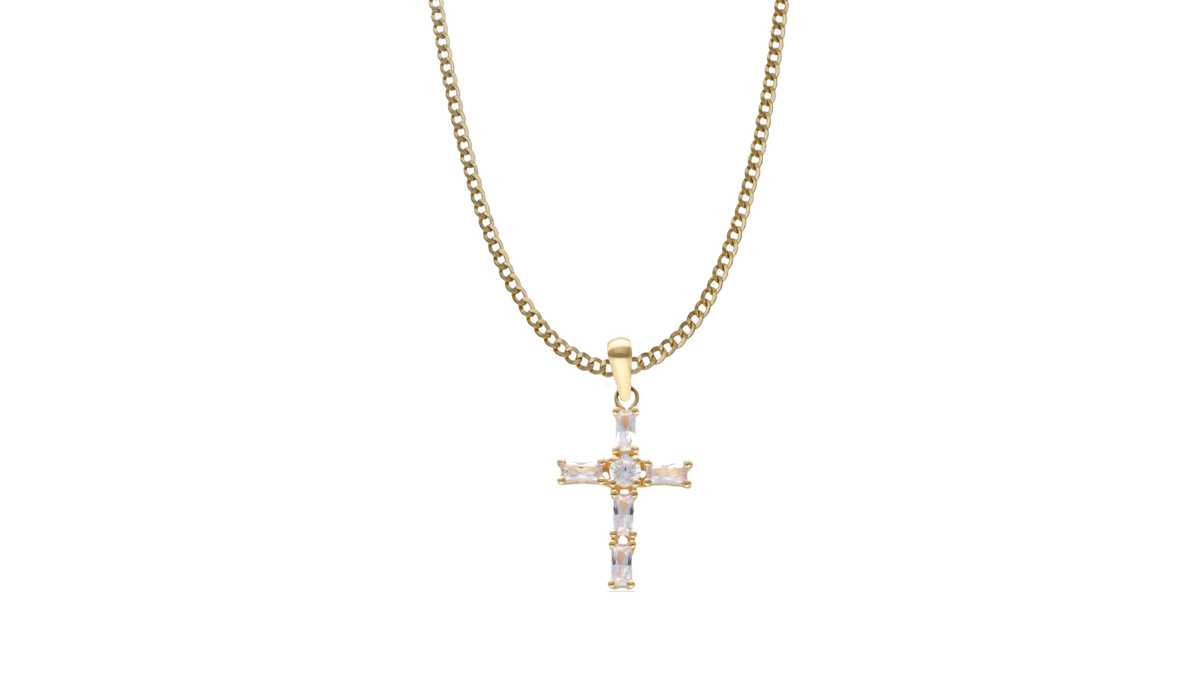 Cruz con Circonitas en Oro de 18 Kt y Cadena Barbada
