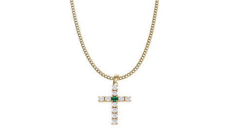 Colgante Cruz de Oro 18K con Piedra Verde y Circonitas – Cadena Barbada – LUXOR&CO, joyería de lujo